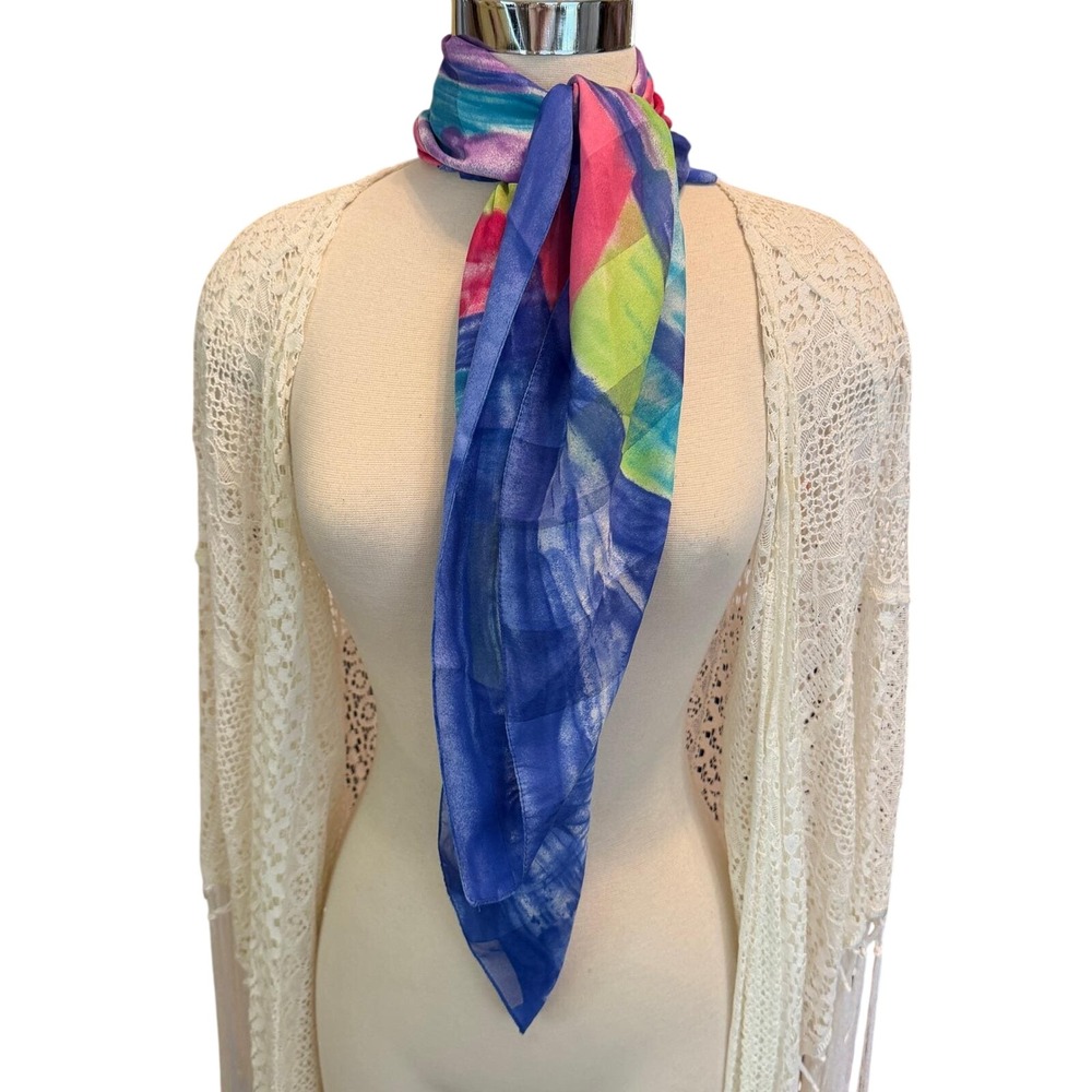 Elaine Gold Scarf Blue Pink Yellow Abstract Spiral Square Made In Italy 34x34